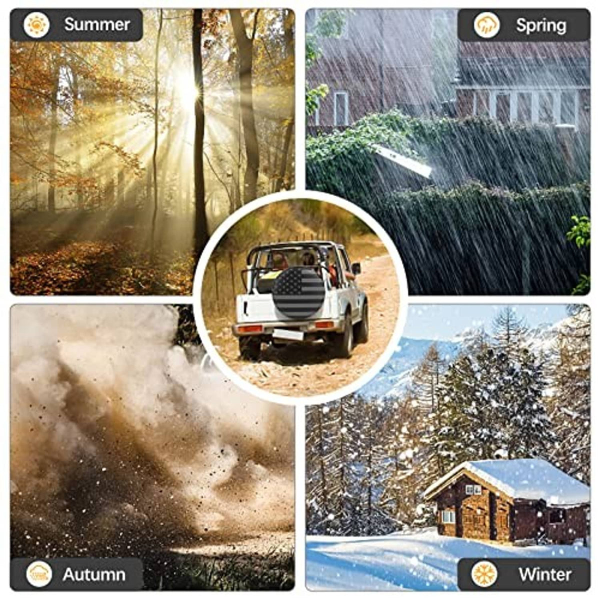 RV spare tire cover all-season use collage: summer spring autumn winter scenes