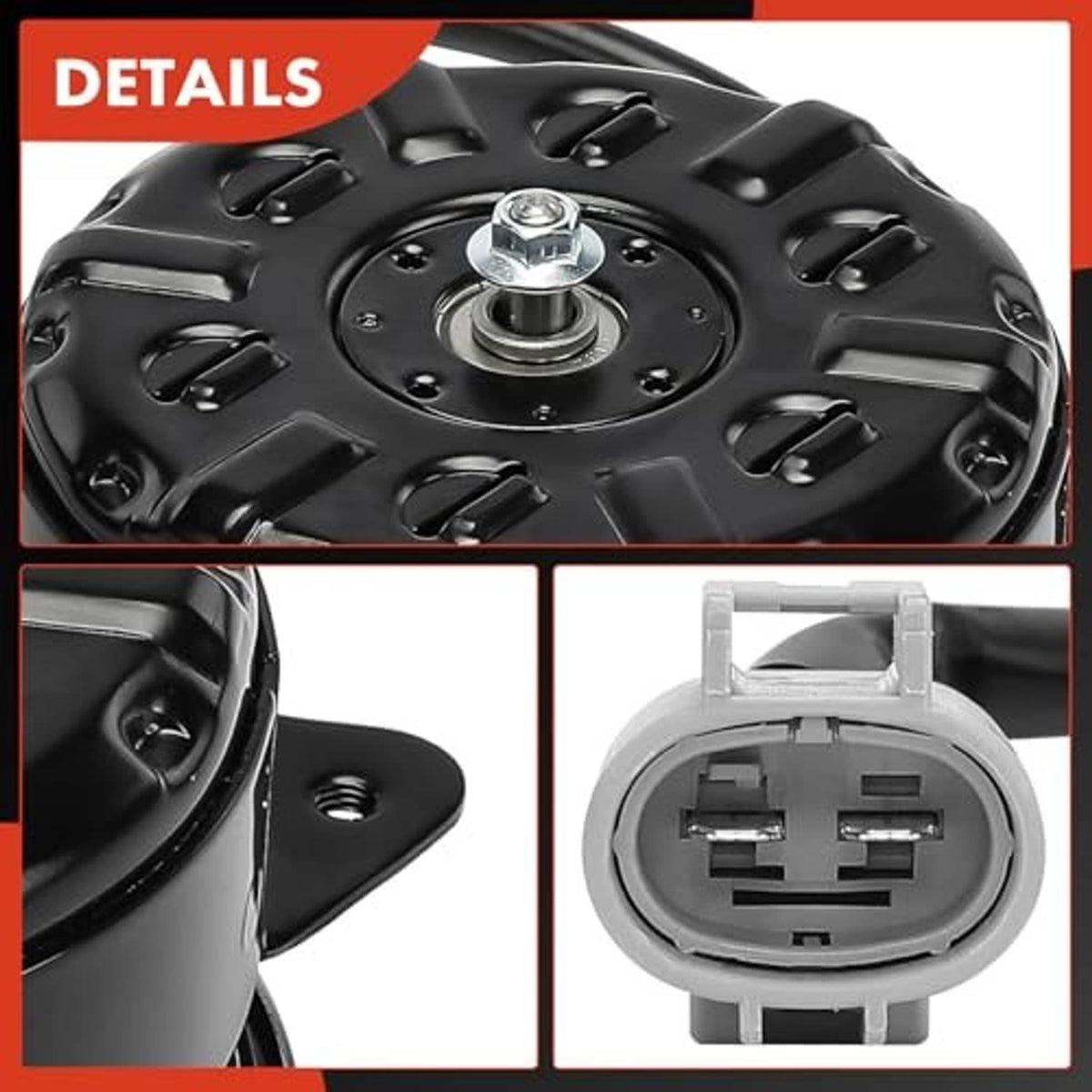 Black cooling fan motor details with mounting hub and plug connector view