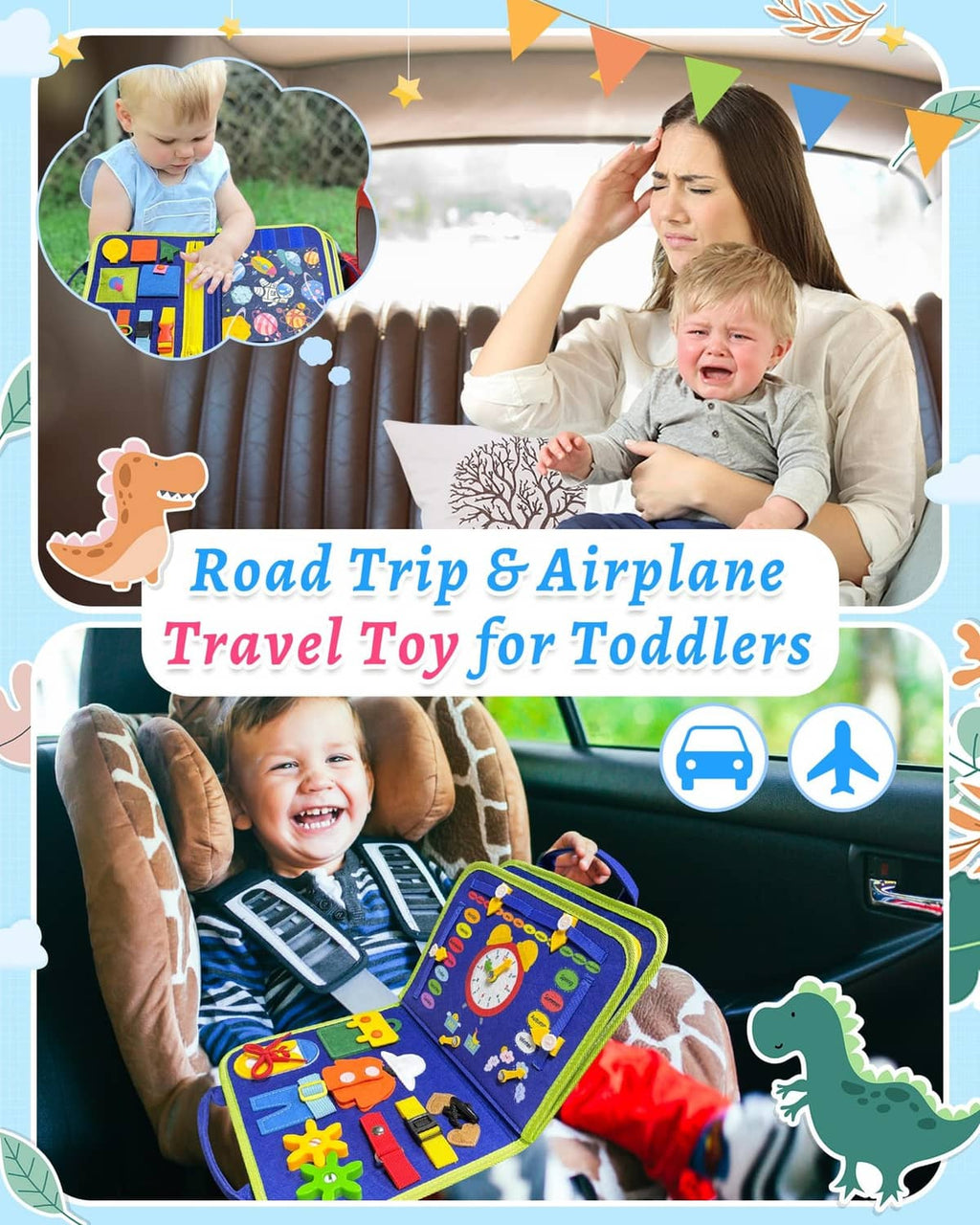 Busy board travel toy with blue fabric panels, gears, and knob pieces in open layout