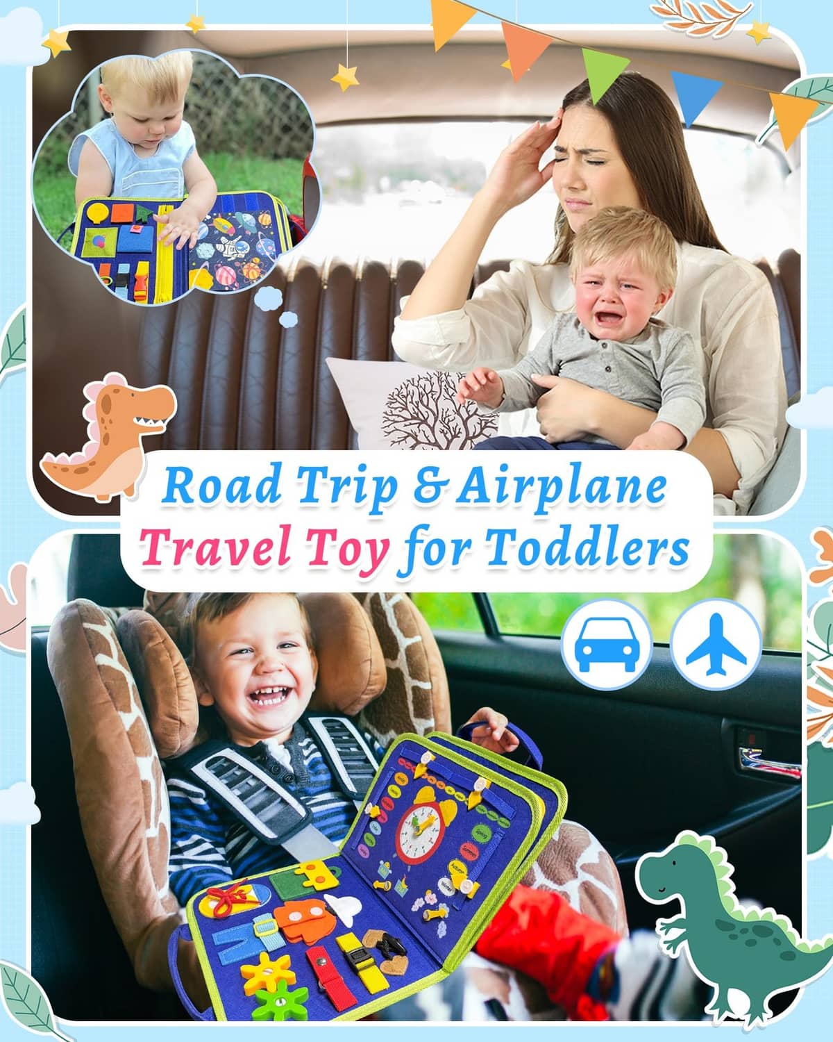 Busy board travel toy with blue fabric panels, gears, and knob pieces in open layout