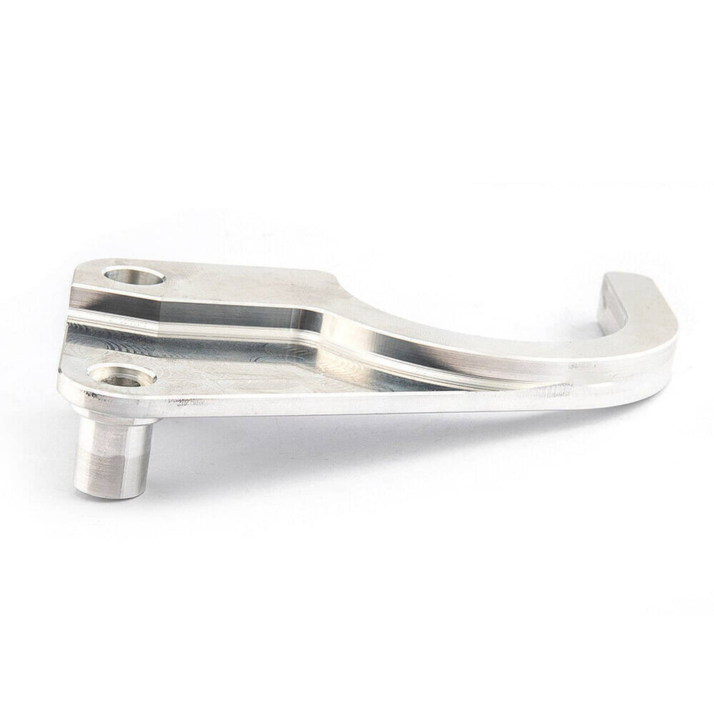Silver timing chain guide bracket with mounting holes, single support post, curved arm.