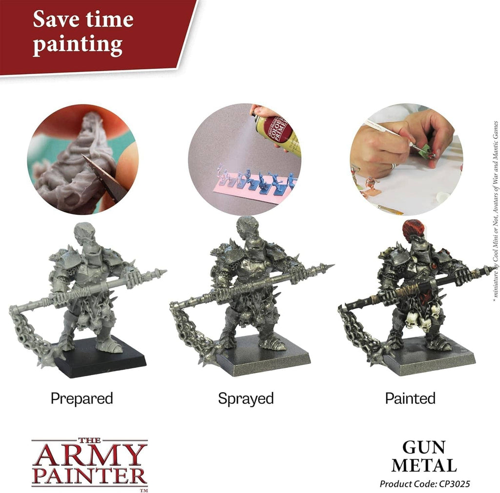 Gun metal primer on miniature figures, showing prepared, sprayed, and painted stages
