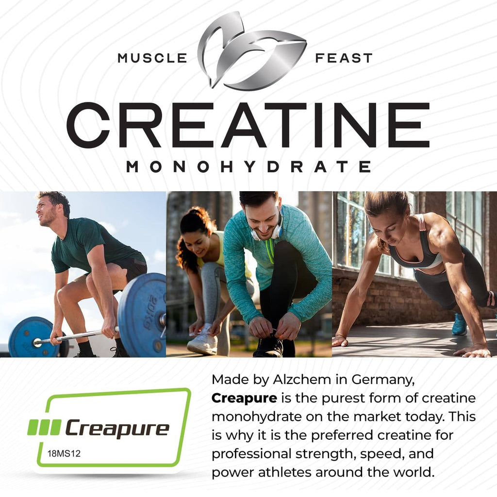 Creatine monohydrate powder tub with Muscle Feast branding and Creapure logo