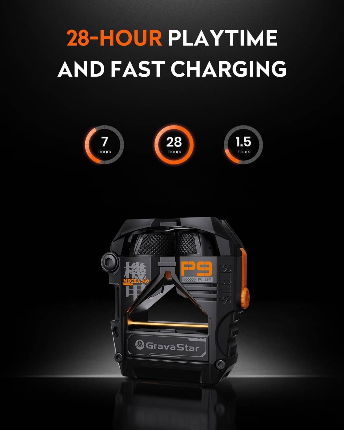 Black charging case with orange accents, earbuds shown below for playtime overview