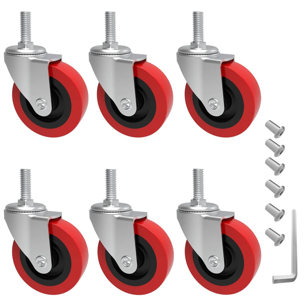 6-pack swivel caster wheels, red wheels with black centers and silver steel mounting hardware