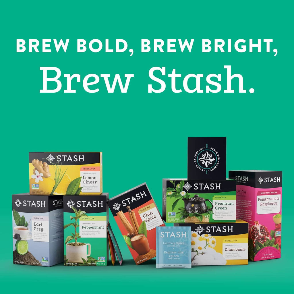 Stack of Stash tea boxes assortment, featuring Decaf Premium Green
