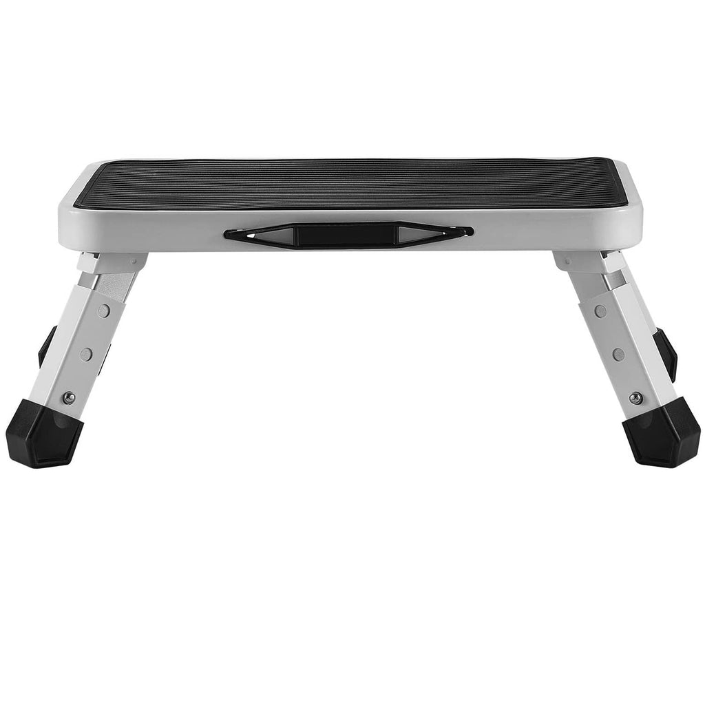 Foldable step stool ladder with black non-slip top and gray folding legs