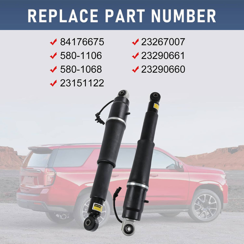 Pair rear air shock absorbers with black bodies and circular lower eyelet mounts