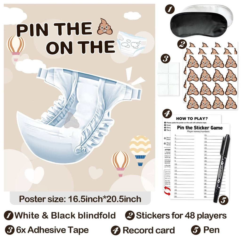 Pin the Sticker on the Diaper game set poster with blindfold, stickers, tape, card, pen