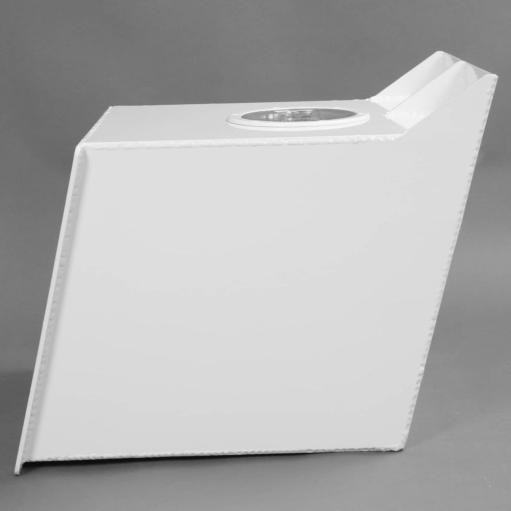 White outboard engine bracket with top circular opening and side edge details.