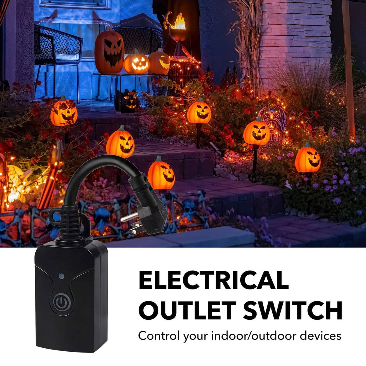 Black electrical outlet switch with power cord and small control remote