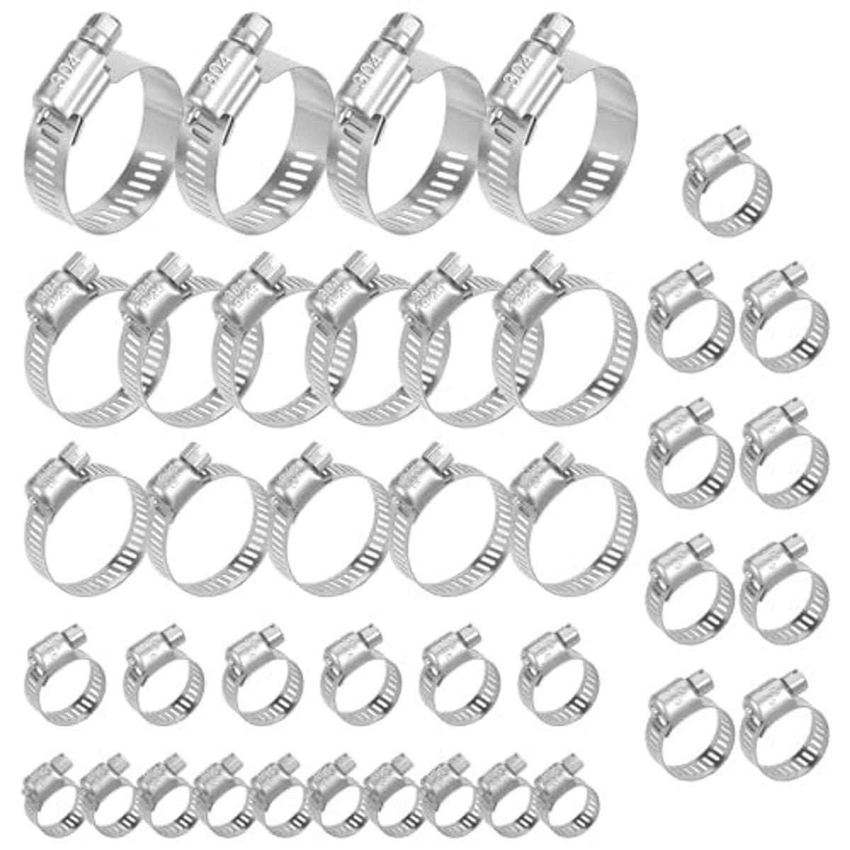 Assorted stainless steel hose clamps with different band sizes and screw fittings.