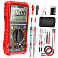 Red digital automotive multimeter with LCD screen and rotary dial, test leads included