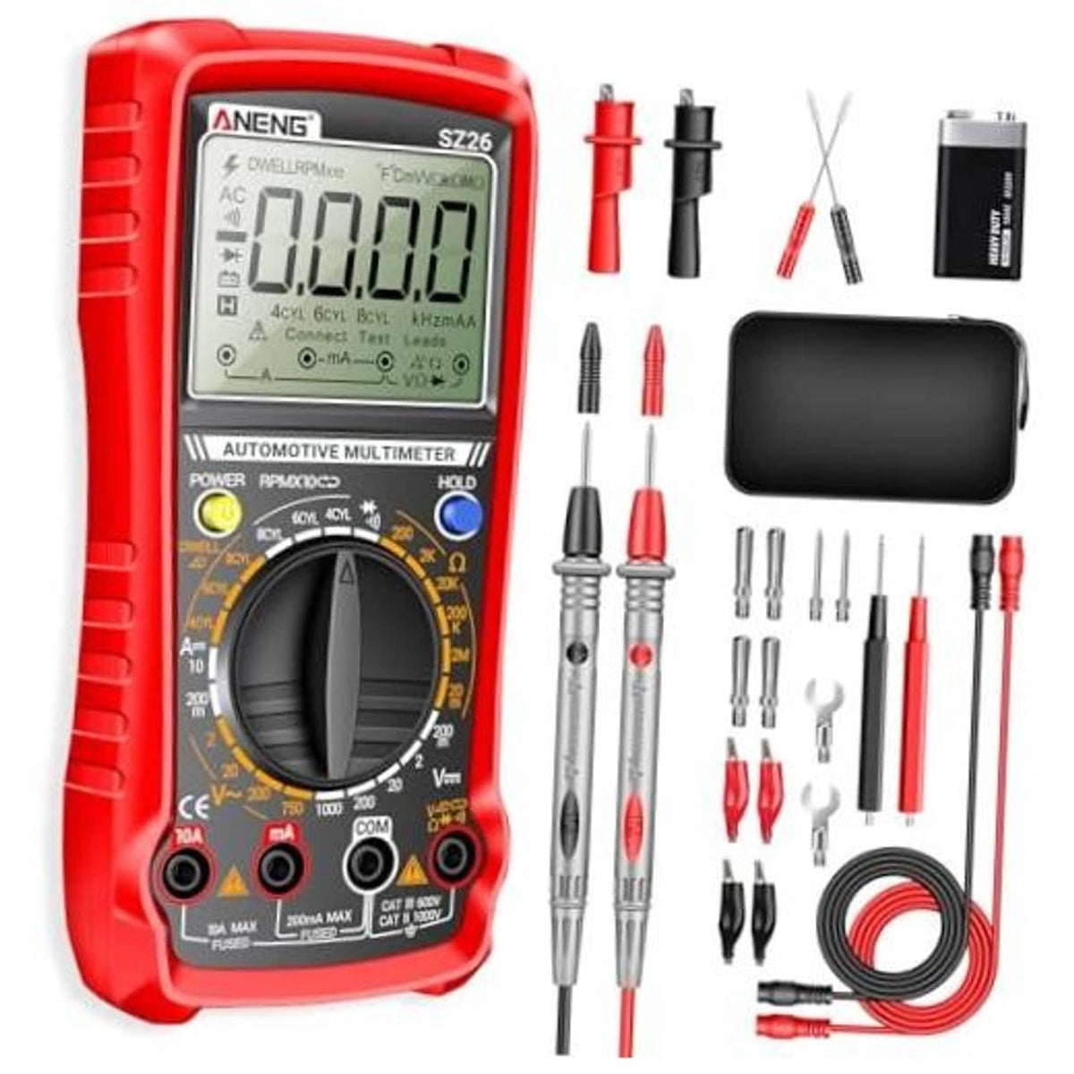 Red digital automotive multimeter with LCD screen and rotary dial, test leads included