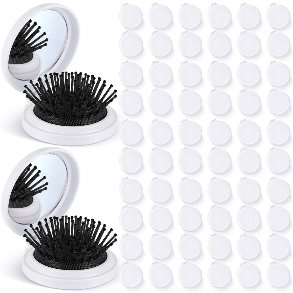 Set of mini folding hair brushes with mirrors, white cases with black bristles