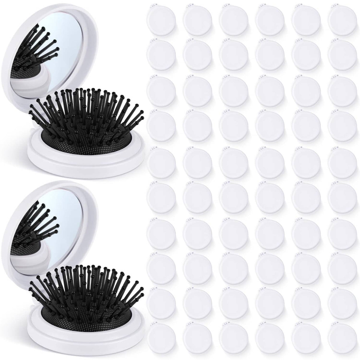 Set of mini folding hair brushes with mirrors, white cases with black bristles