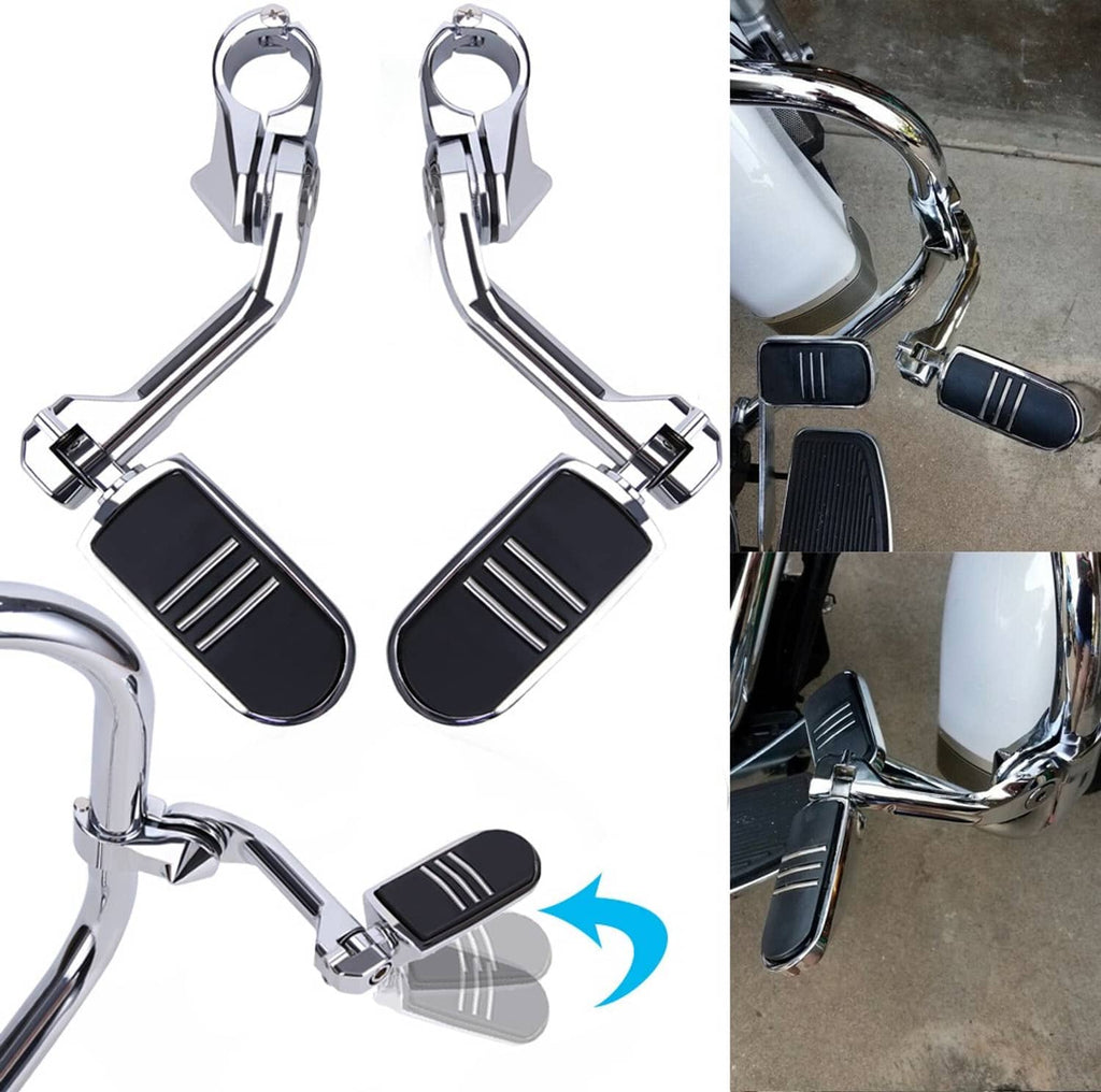 Motorcycle long highway foot pegs set with chrome bars and black grooved rubber pads
