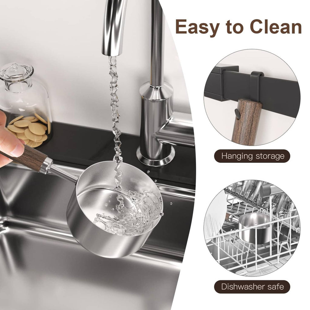 Stainless steel scoop measuring cup with walnut handle under running water