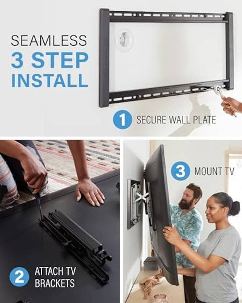 Black TV wall mount components showing wall plate and mounting brackets