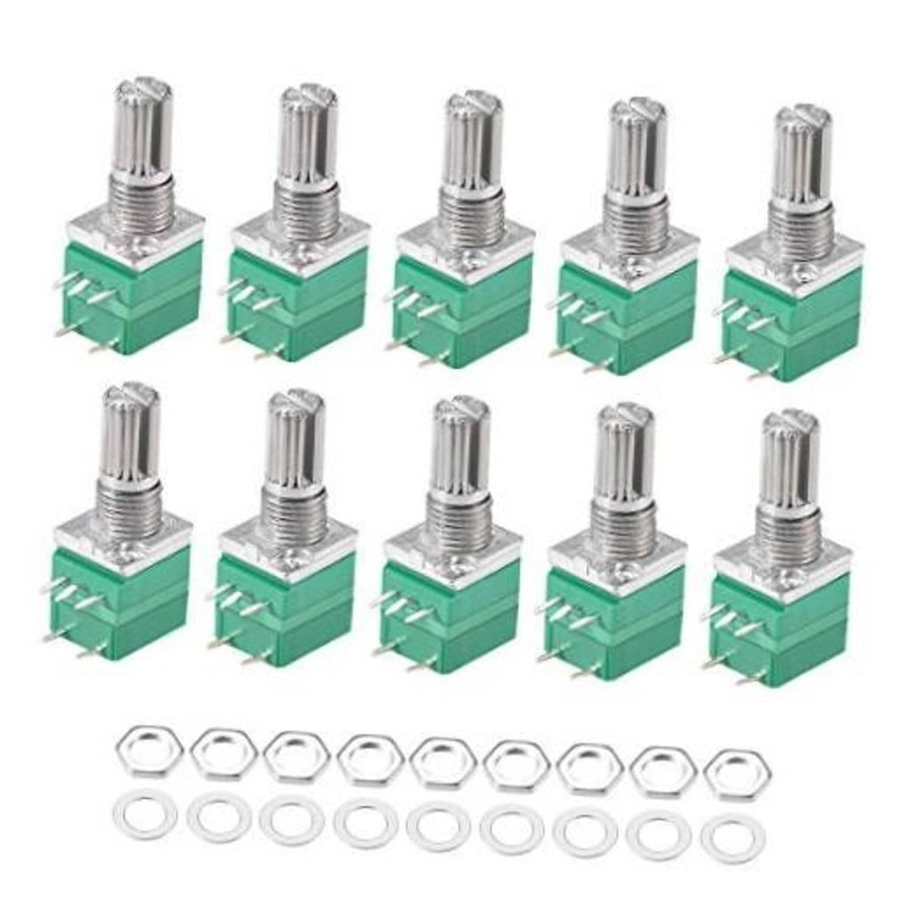 Rotary potentiometer switches, green bases, metal shafts, solder terminals, hex nuts and washers