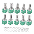 Rotary potentiometer switches, green bases, metal shafts, solder terminals, hex nuts and washers