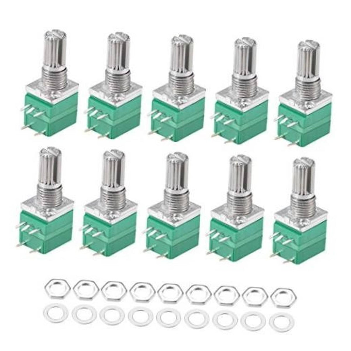 Rotary potentiometer switches, green bases, metal shafts, solder terminals, hex nuts and washers