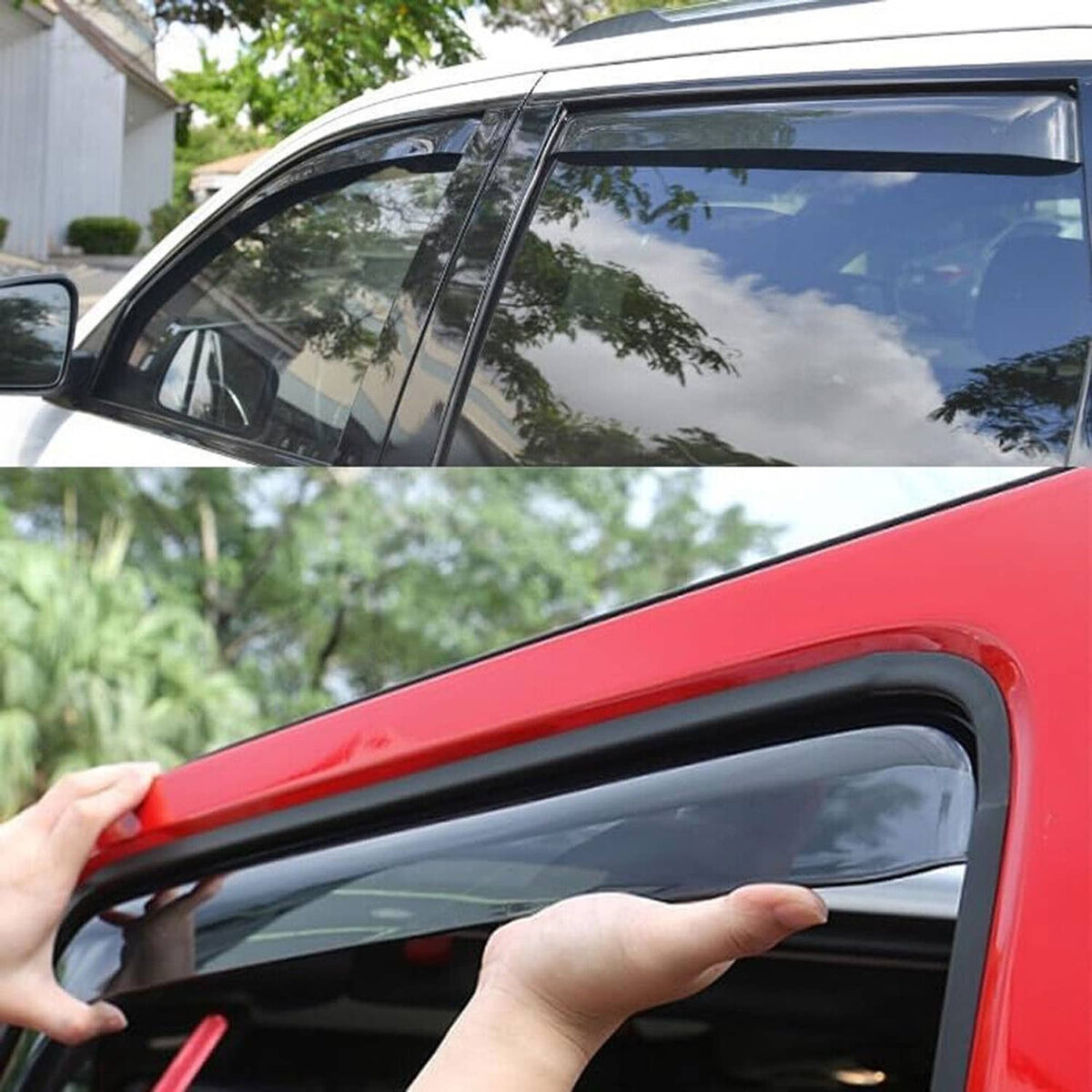 In-channel window rain guards, black vent visors with red mounting accents