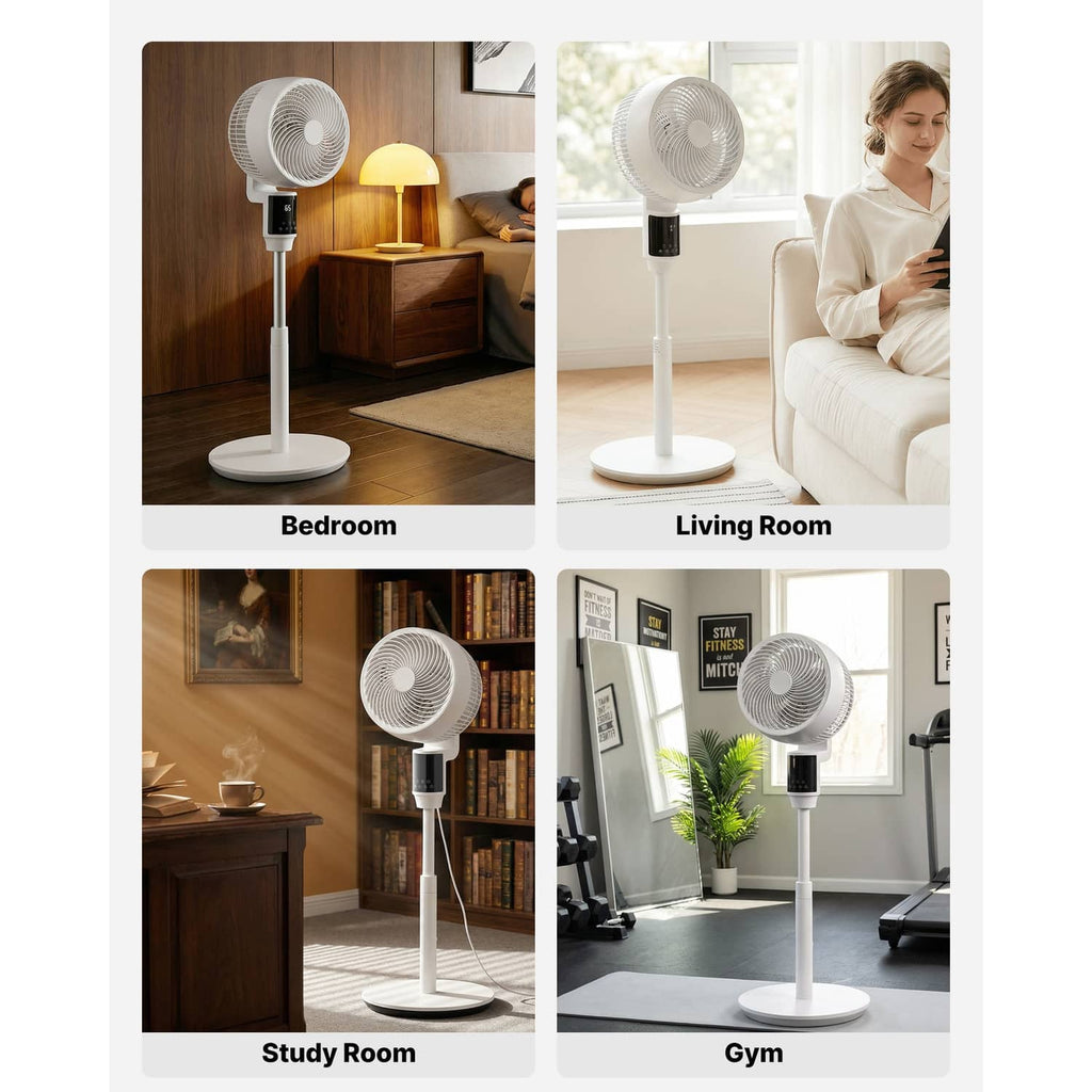 White pedestal fan on stand displayed in bedroom, living room, study, and gym
