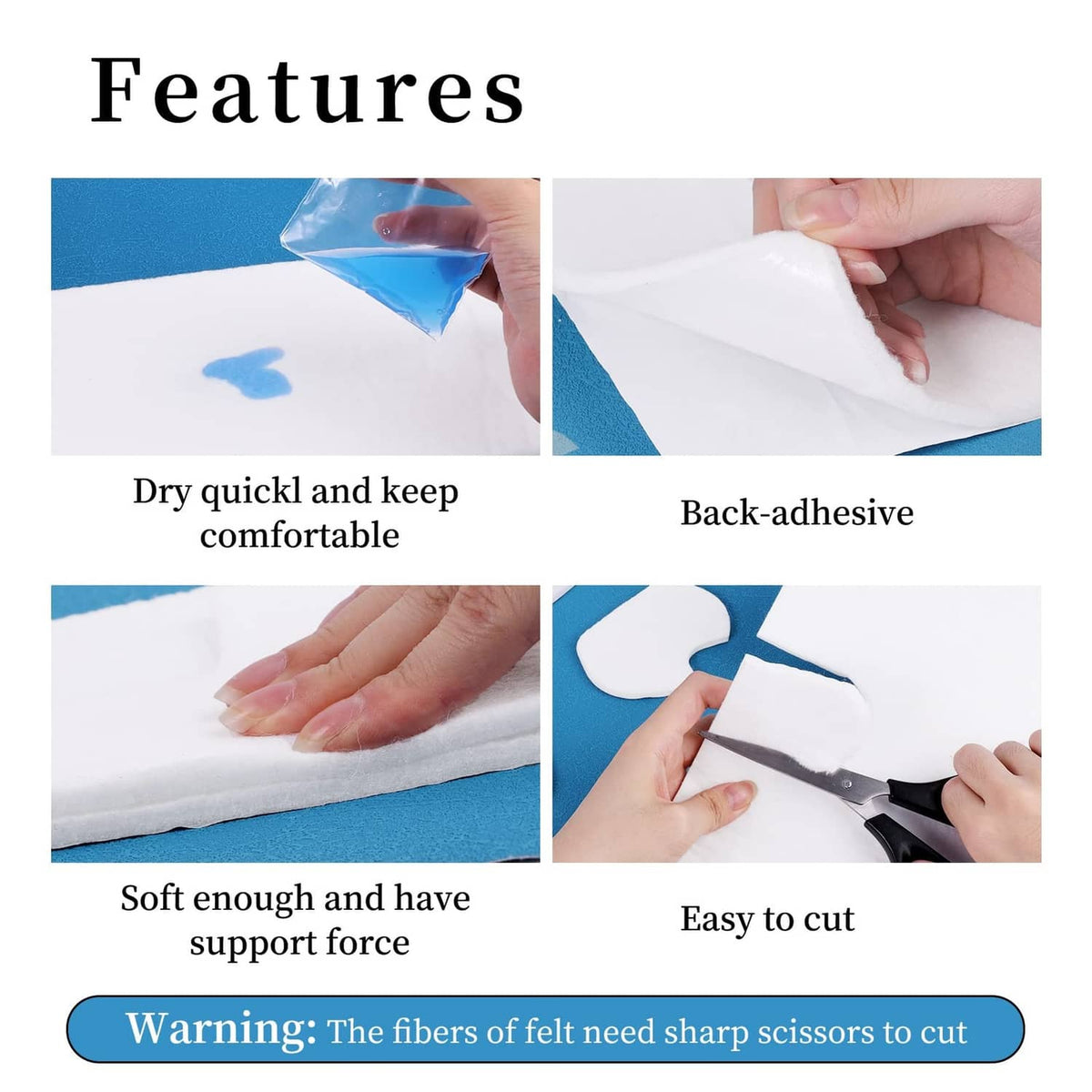 White adhesive felt: smoothing onto skin-side pad and trimming with scissors for fit.