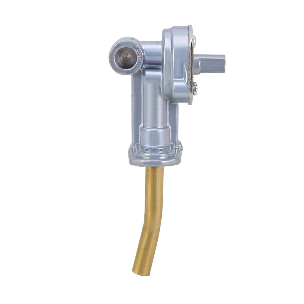 Fuel valve shut off petcock with silver body and outlet, long gold stem, side port