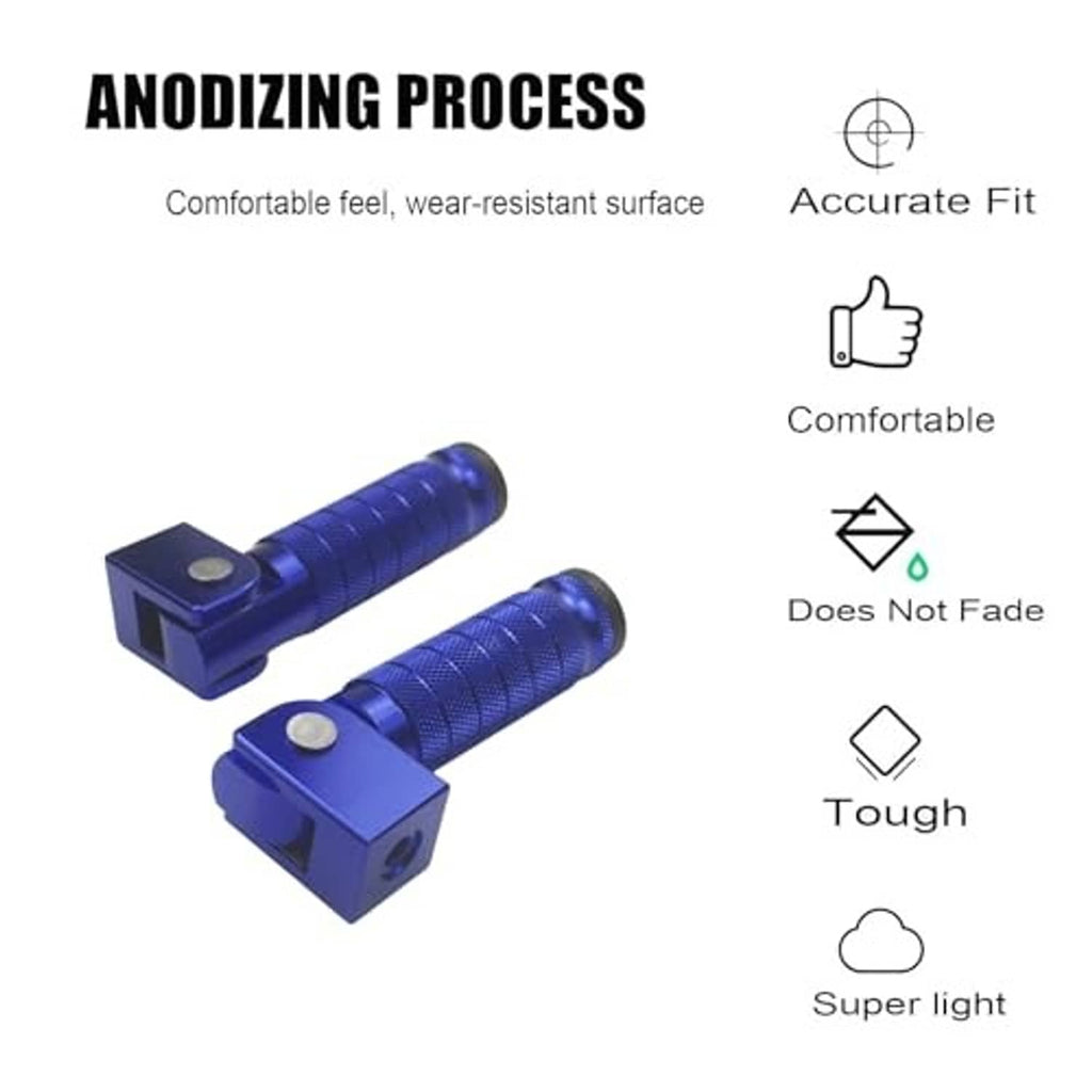 Blue foldable motorcycle foot pegs pair with mounting blocks and fit icons