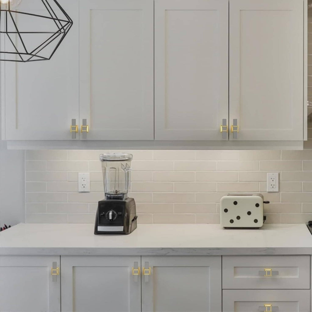 Gold and brushed satin nickel cabinet knobs on kitchen cabinets, two-tone hardware