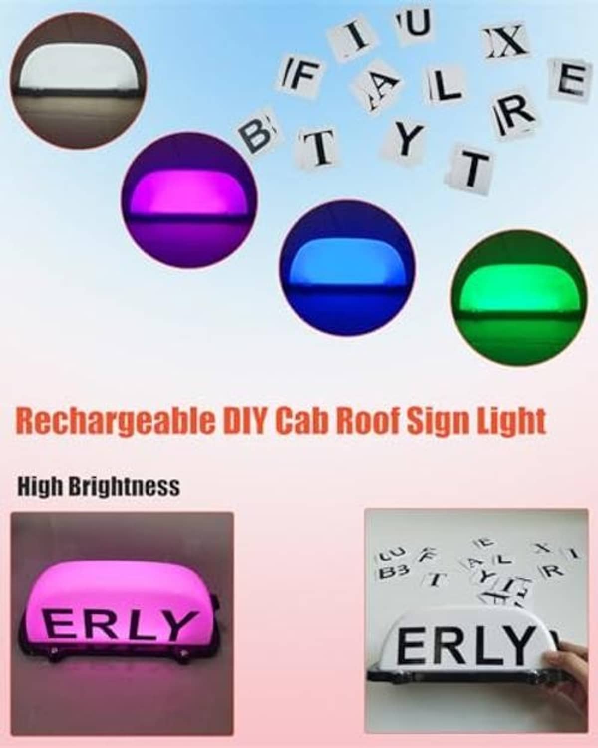 White car roof sign light showing multicolor LED glow with letter tile pieces