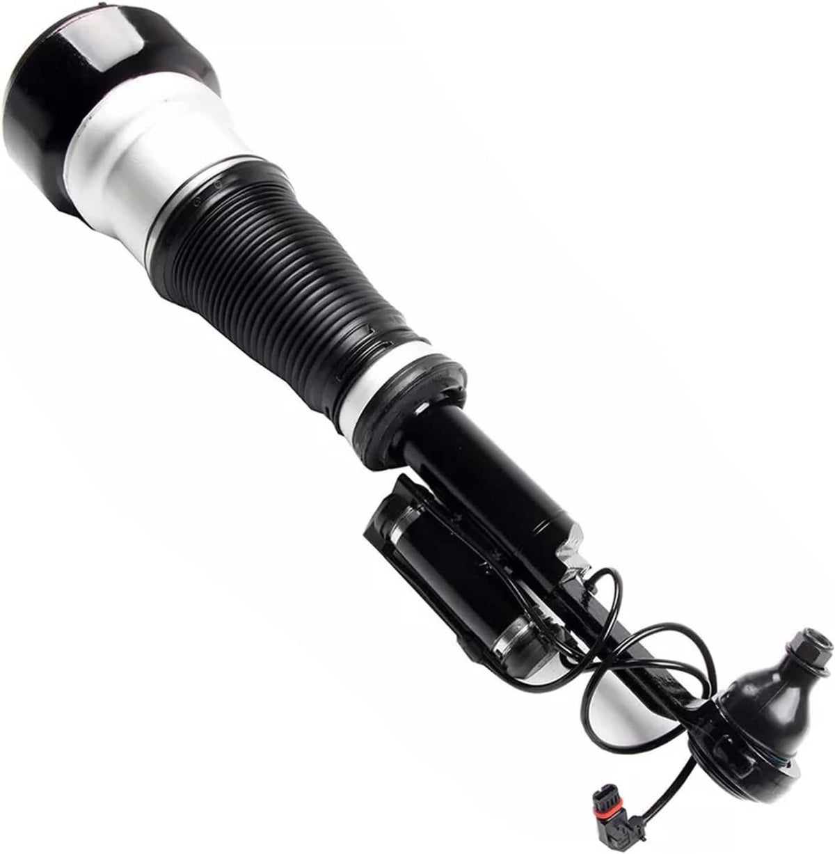 Air suspension strut with black shock body, silver piston cap, and wiring harness