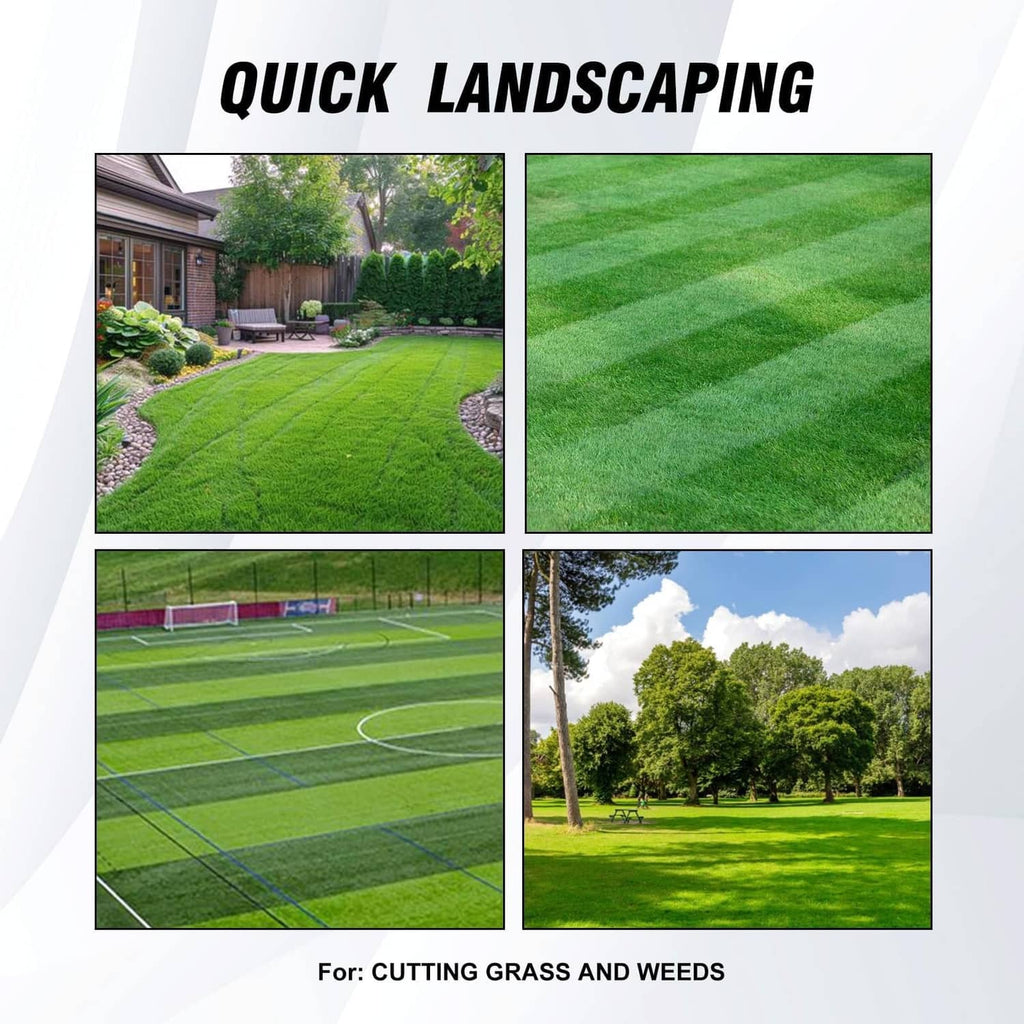 Trimmer head for cutting grass and weeds, shown in landscaping infographic