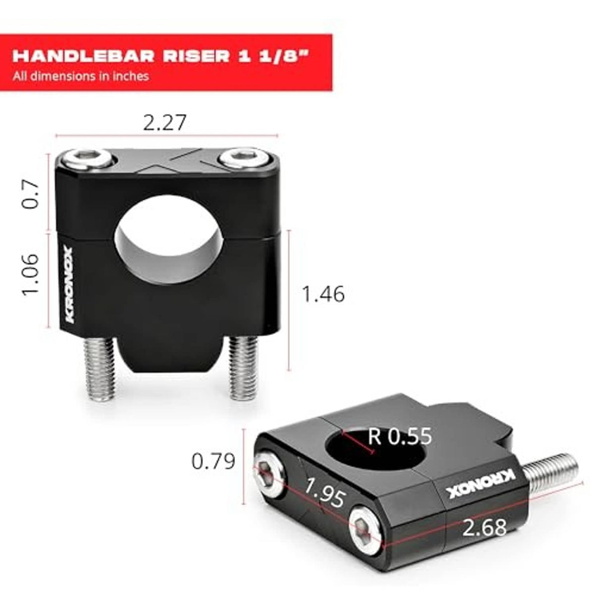 Black handlebar riser with 1 1/8-inch height and labeled inch dimensions diagram
