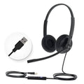 Wired USB headset with black over-ear headphones, boom microphone, and USB cable