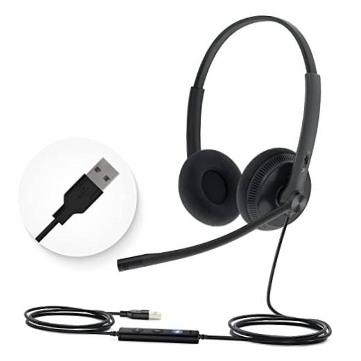 Wired USB headset with black over-ear headphones, boom microphone, and USB cable