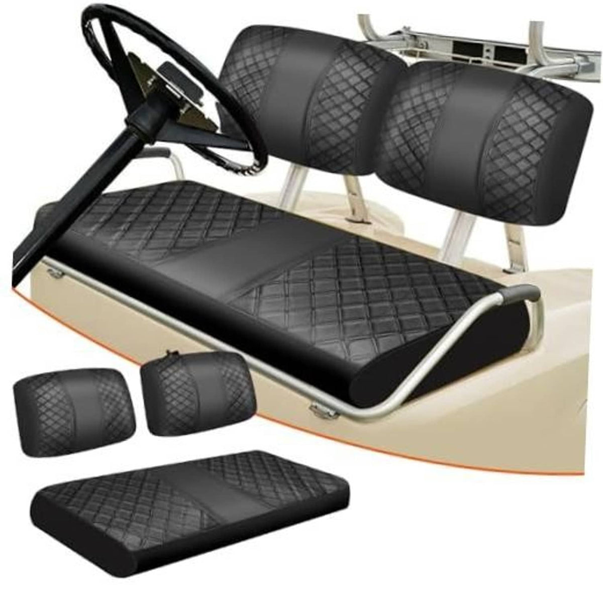 Black diamond-quilted PU leather golf cart front seat cover set, padded cushions