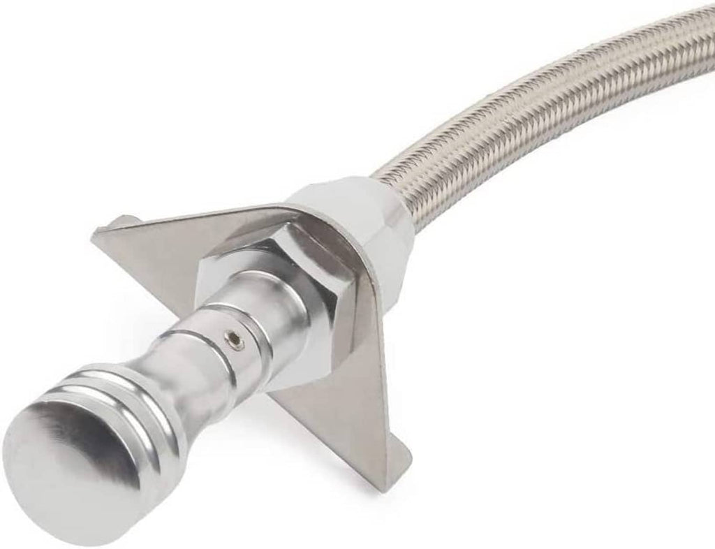 Transmission dipstick with metal mounting bracket and braided stainless hose
