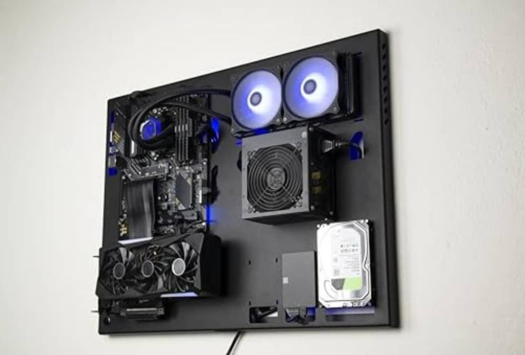 Wall-mounted gaming PC case, black interior with two blue-ring fans and PSU