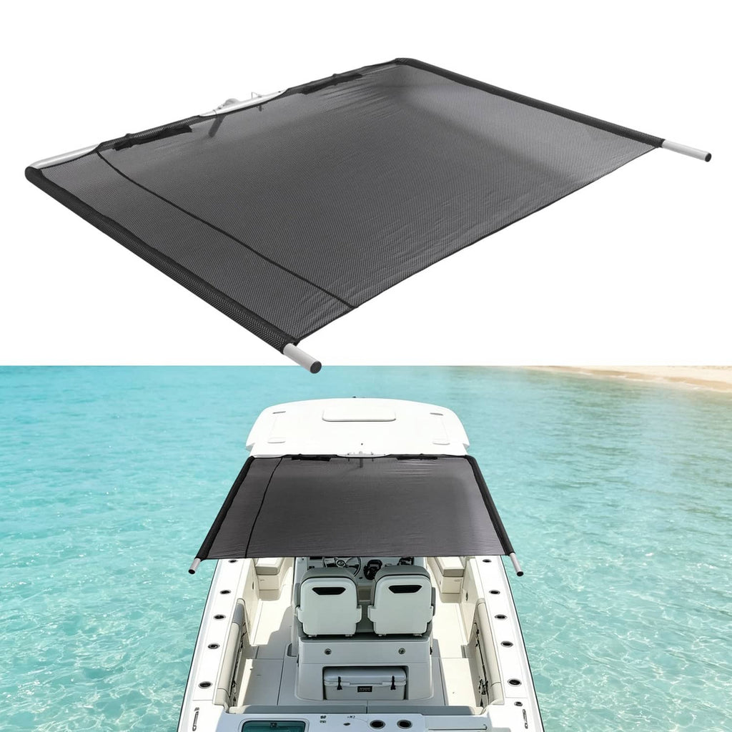 Boat shade canopy with black mesh fabric and silvery powder-coated aluminum frame
