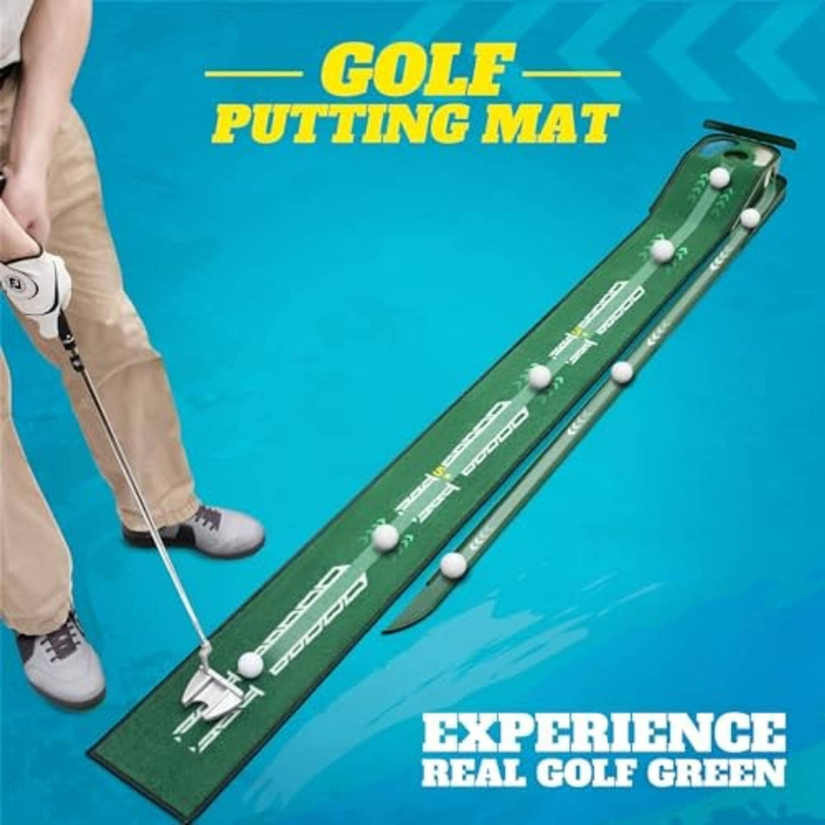 Green golf putting mat with long practice lane, ball gates, and side channels for putts.