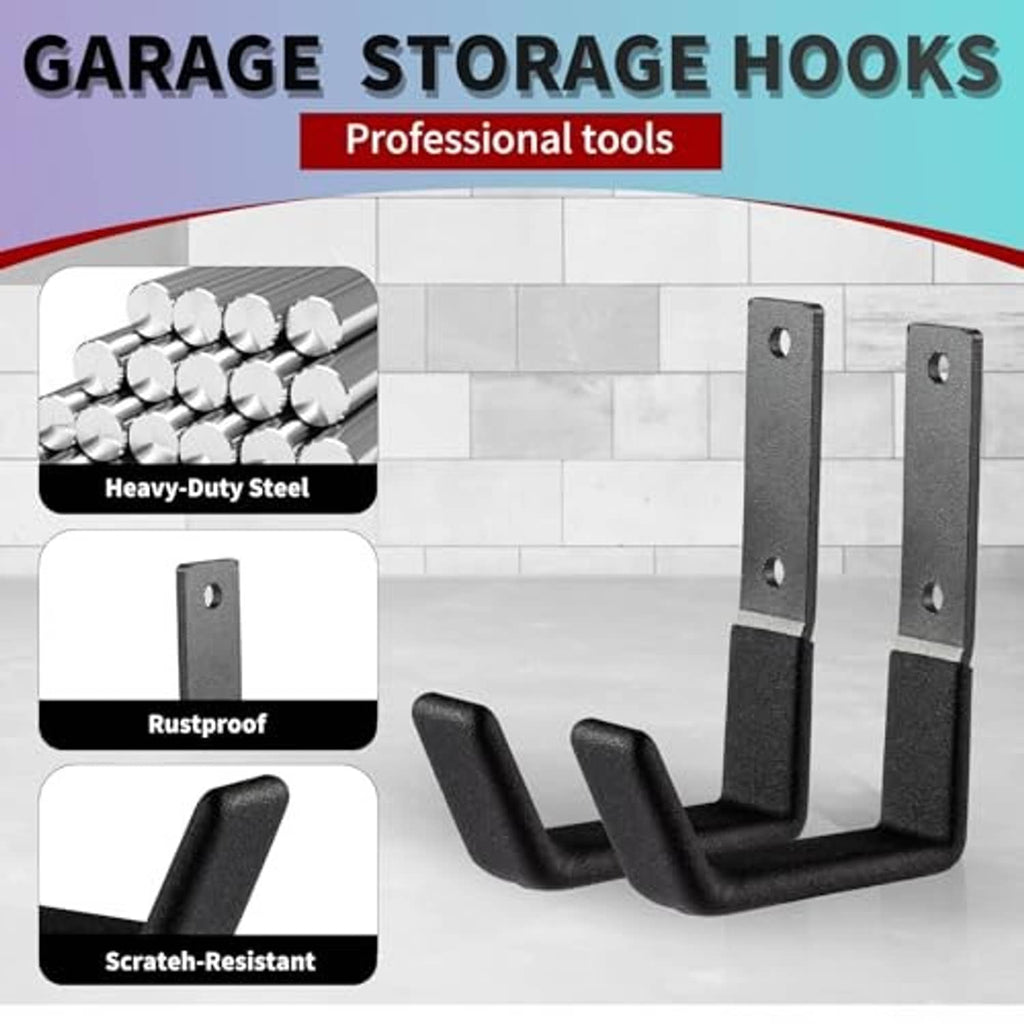 Two black steel garage storage wall hooks with flat mounting plates and screw holes