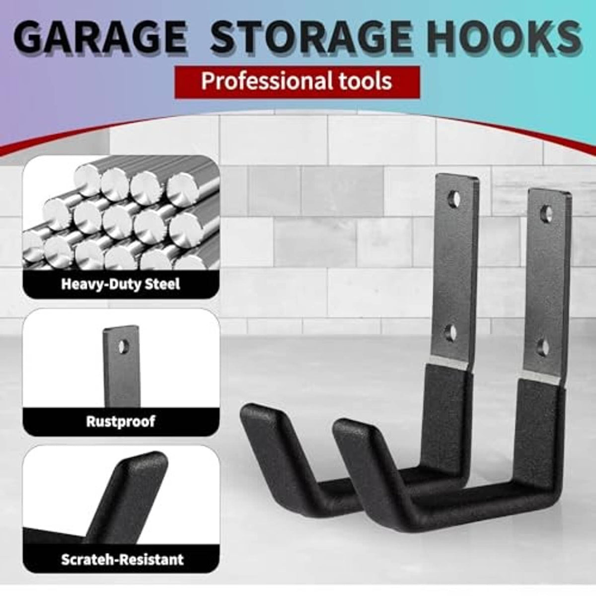 Two black steel garage storage wall hooks with flat mounting plates and screw holes