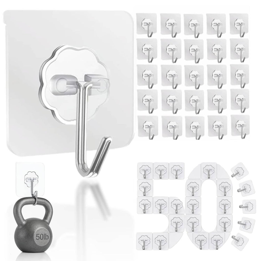Set of transparent wall hanging adhesive hooks with curved metal hook and clear backing
