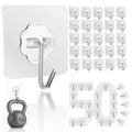 Set of transparent wall hanging adhesive hooks with curved metal hook and clear backing