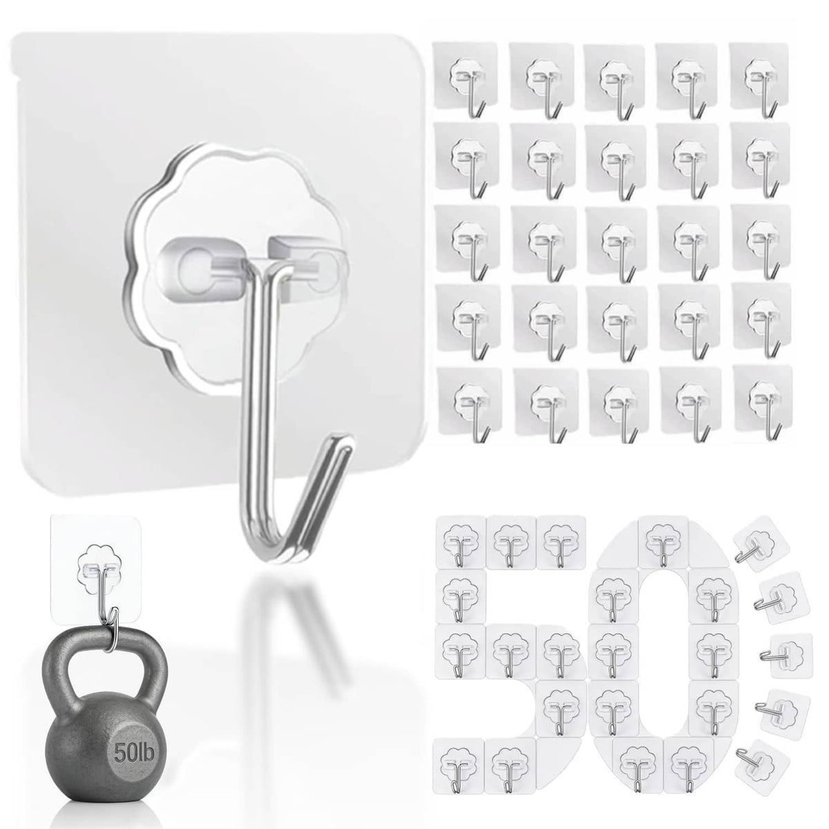 Set of transparent wall hanging adhesive hooks with curved metal hook and clear backing