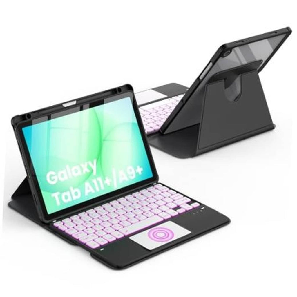Black rotating tablet keyboard case with backlit keys and stand