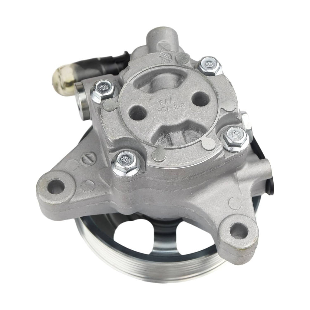 Power steering pump with pulley, close-up of circular front plate and mounting bolts.